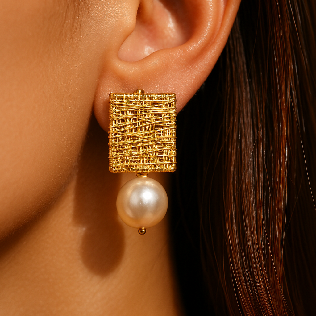 Aretes de hilos dorados vintage con perlas