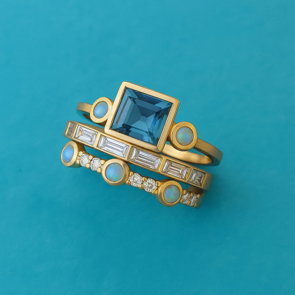 Set de anillos vintage de cristal azul