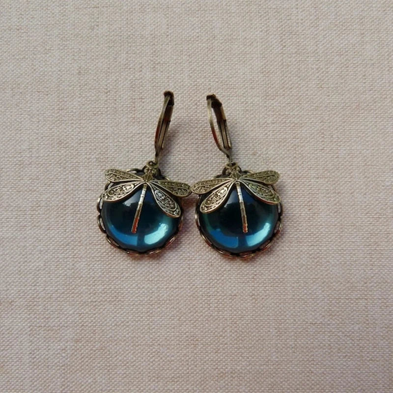 Pendientes esféricos de libélula en oro antiguo