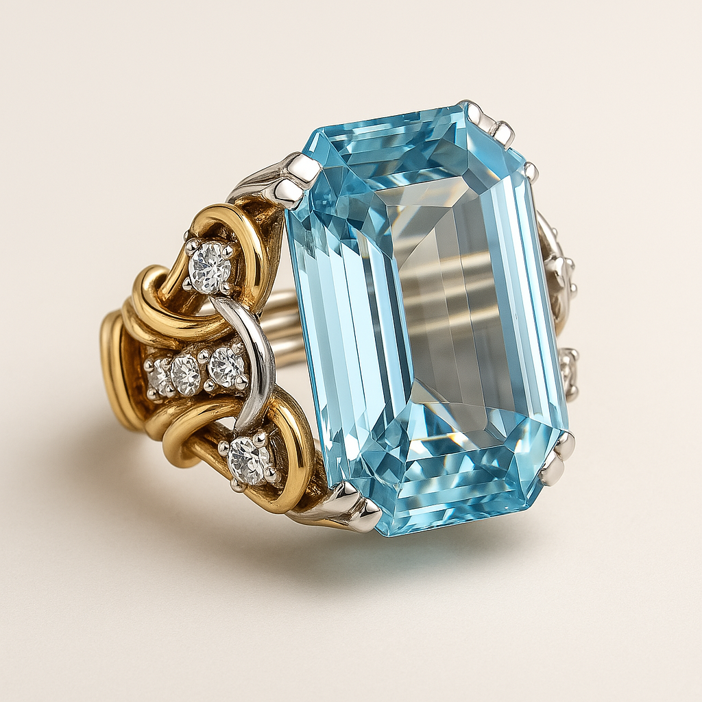 Anillo de oro con capas y zirconia azul vintage
