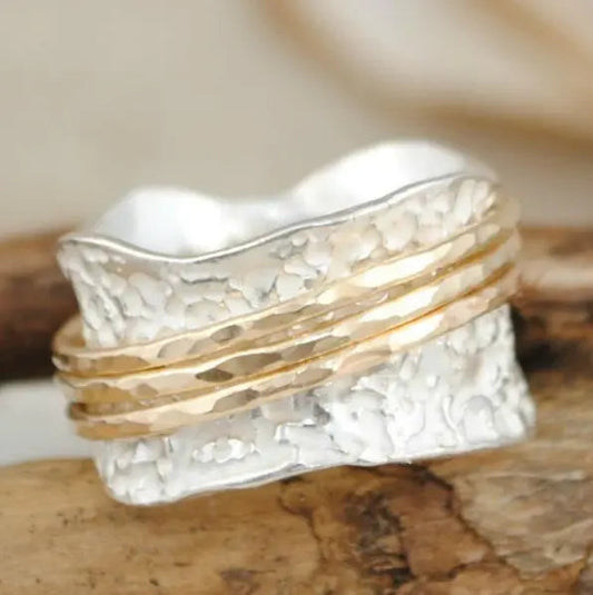 Anillo Vintage Rueda Giratoria Delgado en Oro y Plata